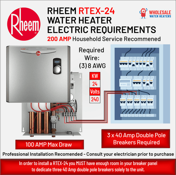 RHEEM RTEX-24 24kw 240v Tankless, Instant Electric Water Heater - wholesalewaterheater