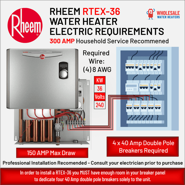 RHEEM RTEX-36 36kw 240v Tankless, Instant Electric Water Heater - wholesalewaterheater