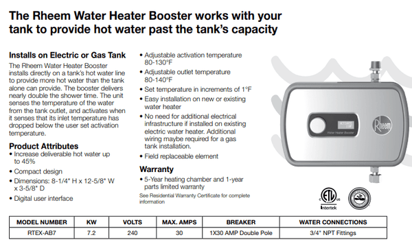 Rheem RTEX-AB7 7.2 kW Electric Water Heater Tank Booster - wholesalewaterheater